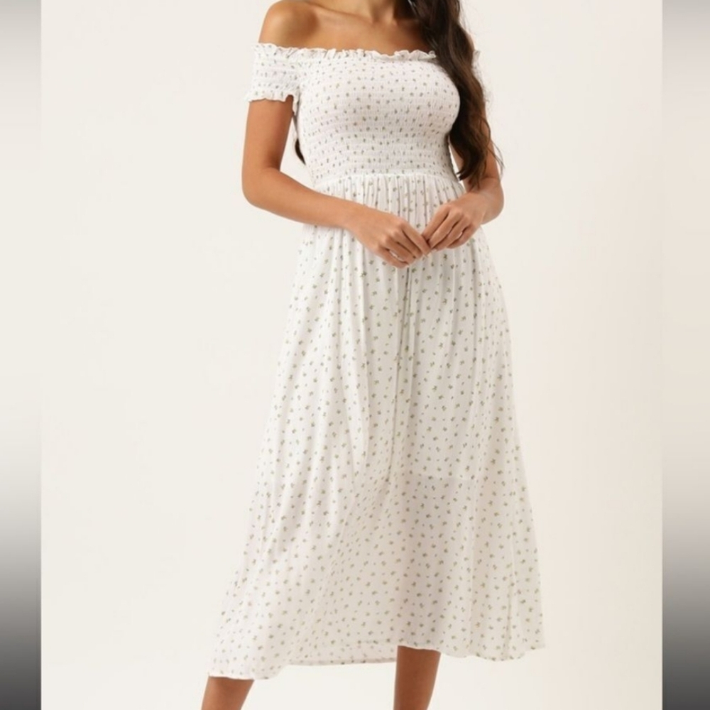 Off-Shoulder White Floral Midi Dress